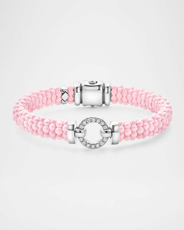 Sterling Silver and Pink Caviar Ceramic Rope Bracelet with Diamond Circle, 9mm